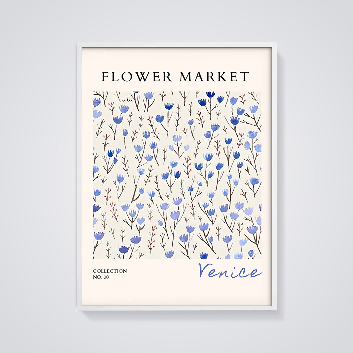 Flower Market Venice Blue Flowers Print framed in white on a grey background