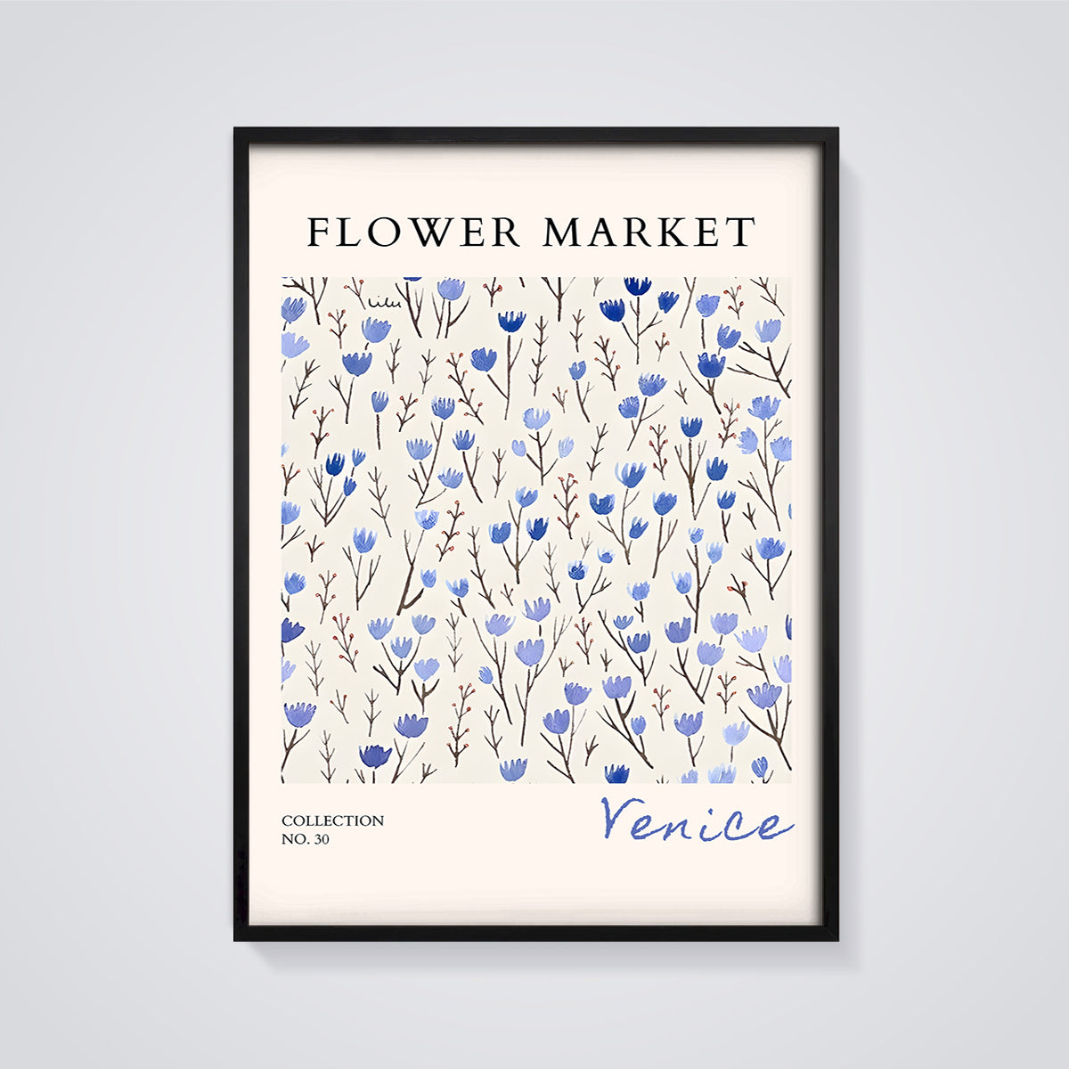 Flower Market Venice Blue Flowers Print framed in black on a grey background