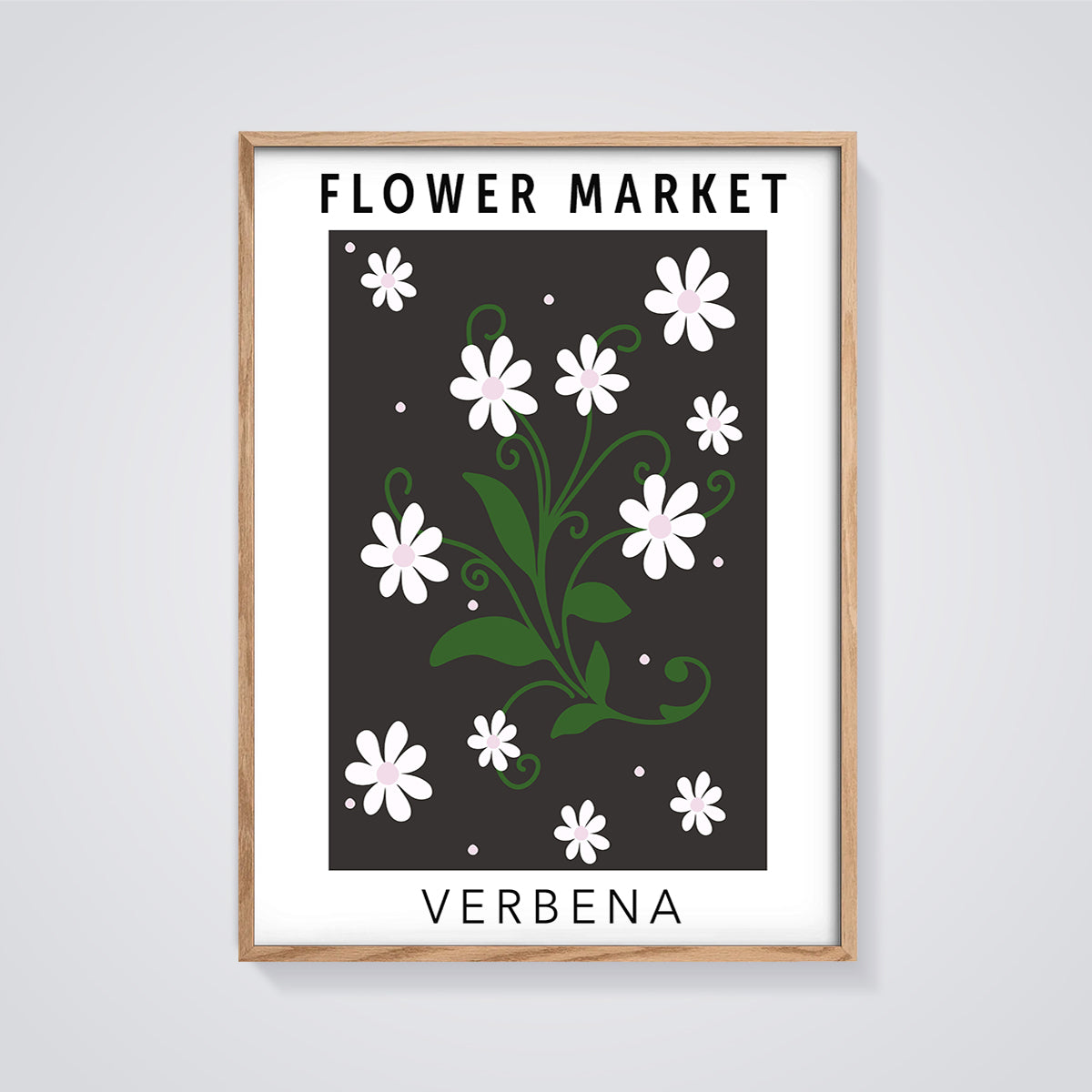 Flower Market Verbena Print framed in oak on a grey background