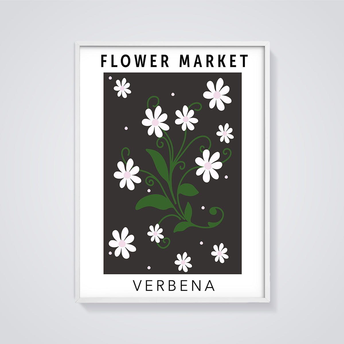 Flower Market Verbena Print framed in white on a grey background
