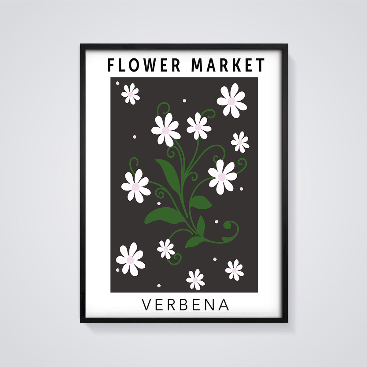 Flower Market Verbena Print framed in black on a grey background