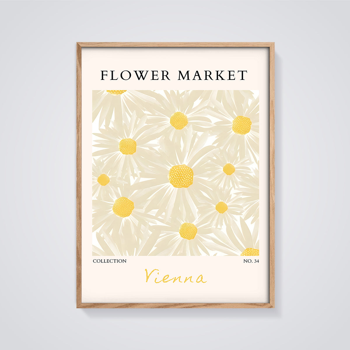Flower Market Vienna Daisy Print framed in oak on a grey background