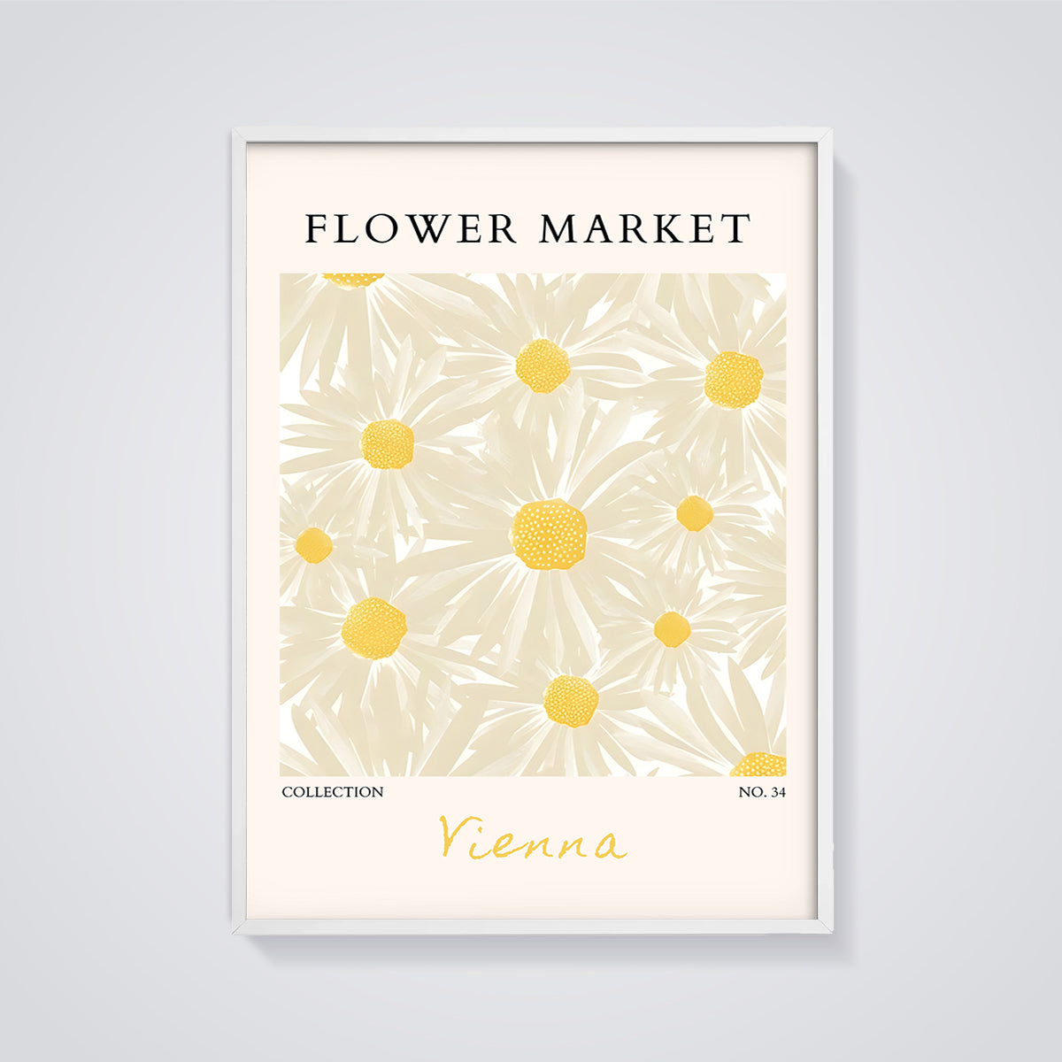 Flower Market Vienna Daisy Print framed in white on a grey background
