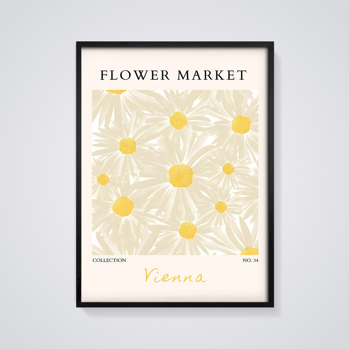 Flower Market Vienna Daisy Print framed in black on a grey background