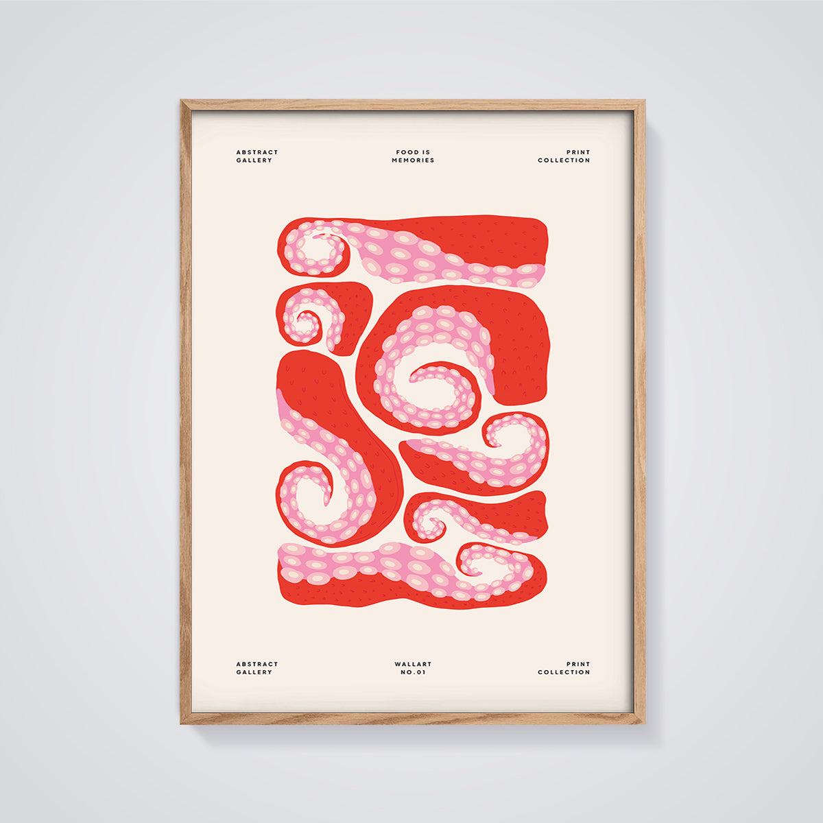 Food Is Memories Tentacles Print framed in oak on a grey background