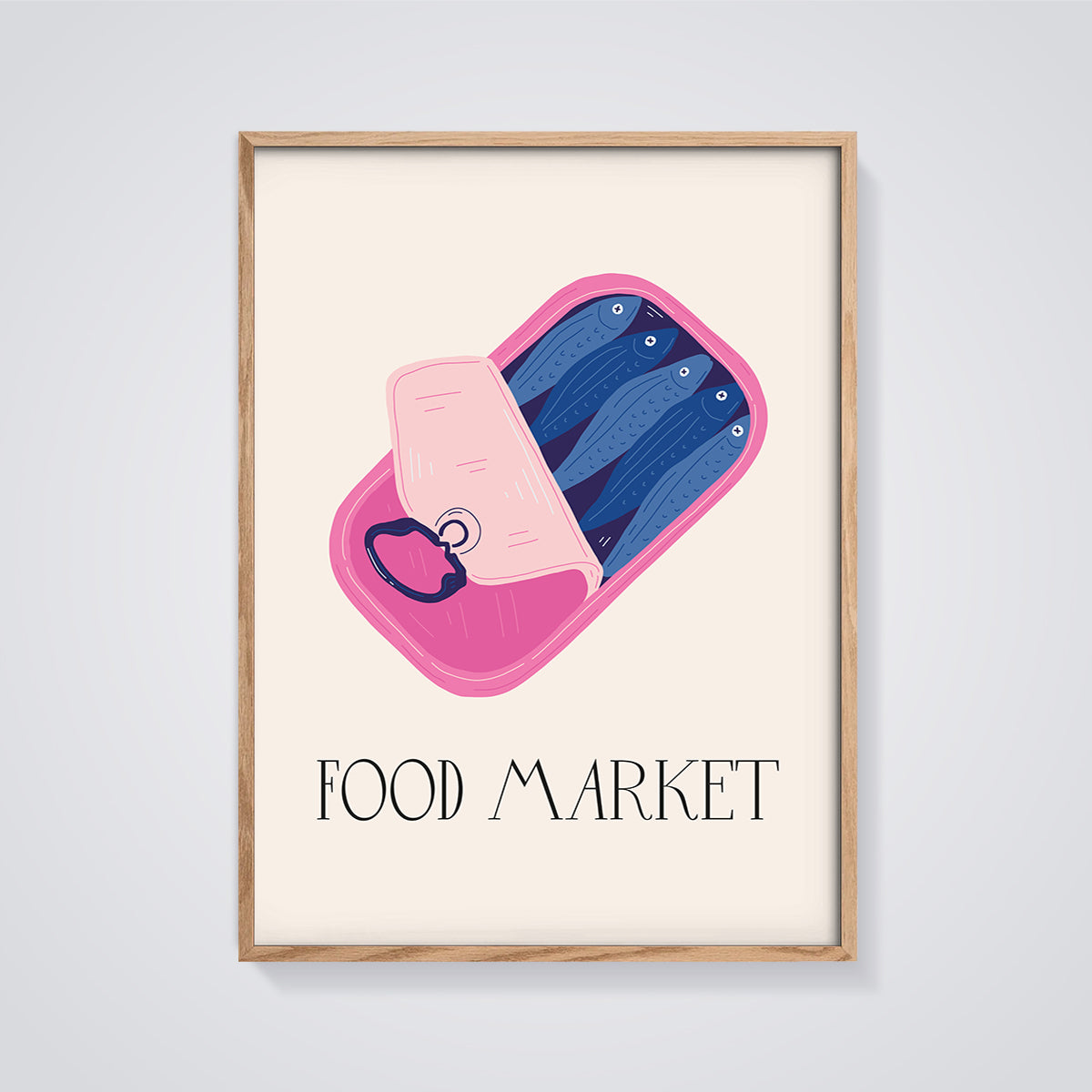 Food Market Sardine Can Print framed in oak on a grey background