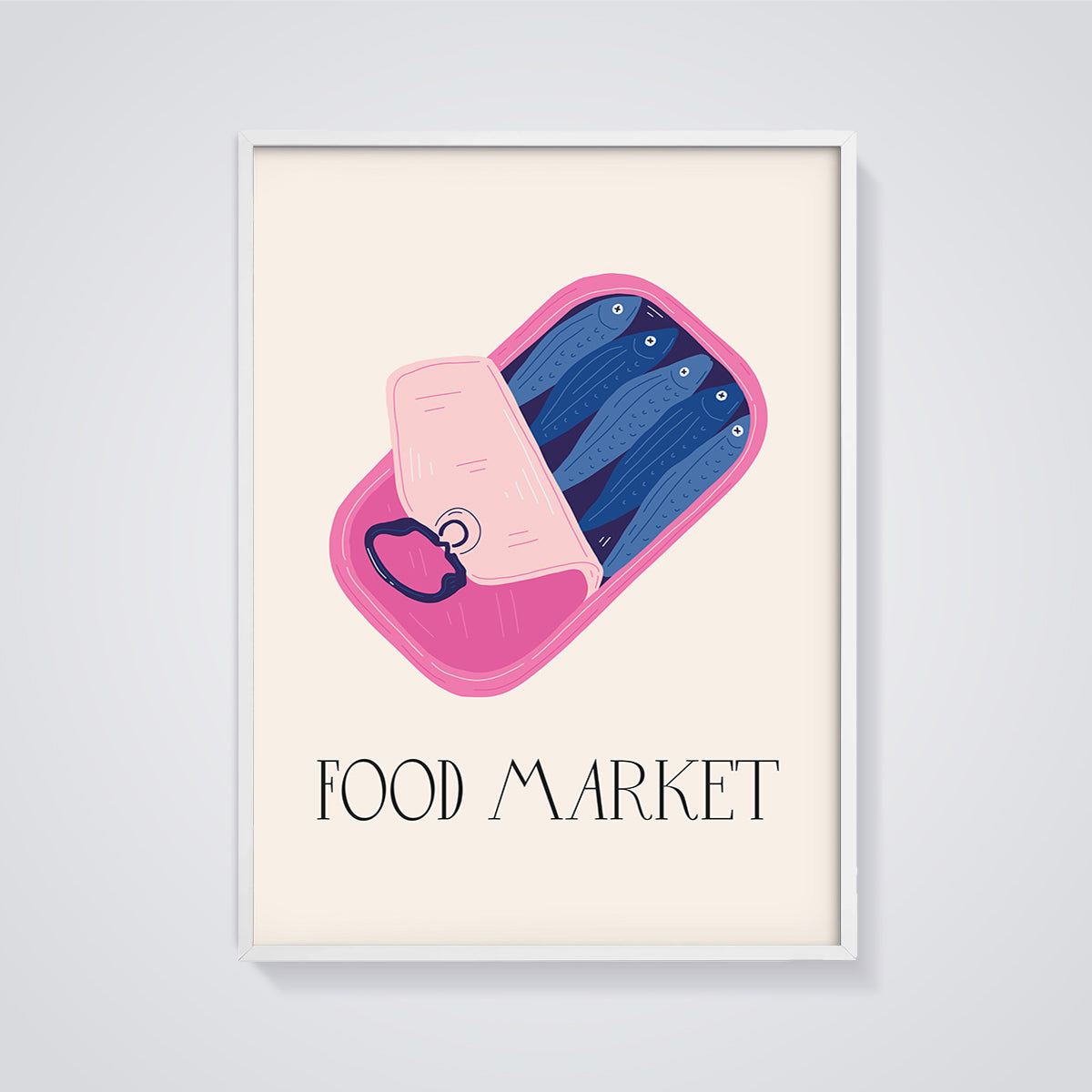 Food Market Sardine Can Print framed in white on a grey background