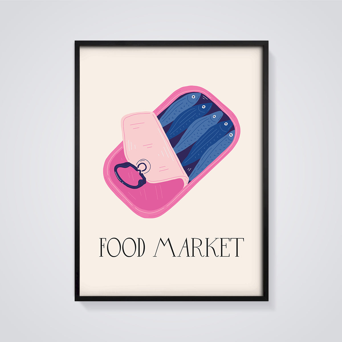 Food Market Sardine Can Print framed in black on a grey background