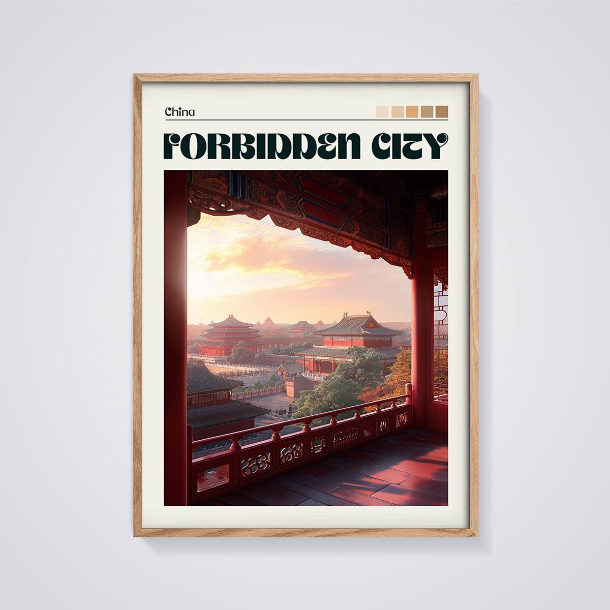 Forbidden City Sunset Print framed in oak on a grey background