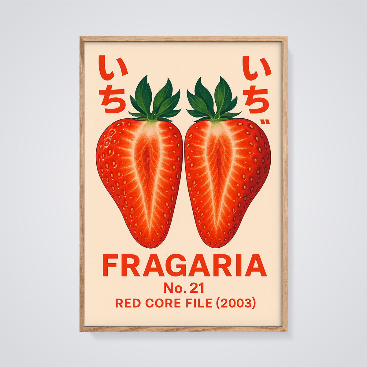 Fragaria No. 21 Red Core Print framed in oak on a grey background