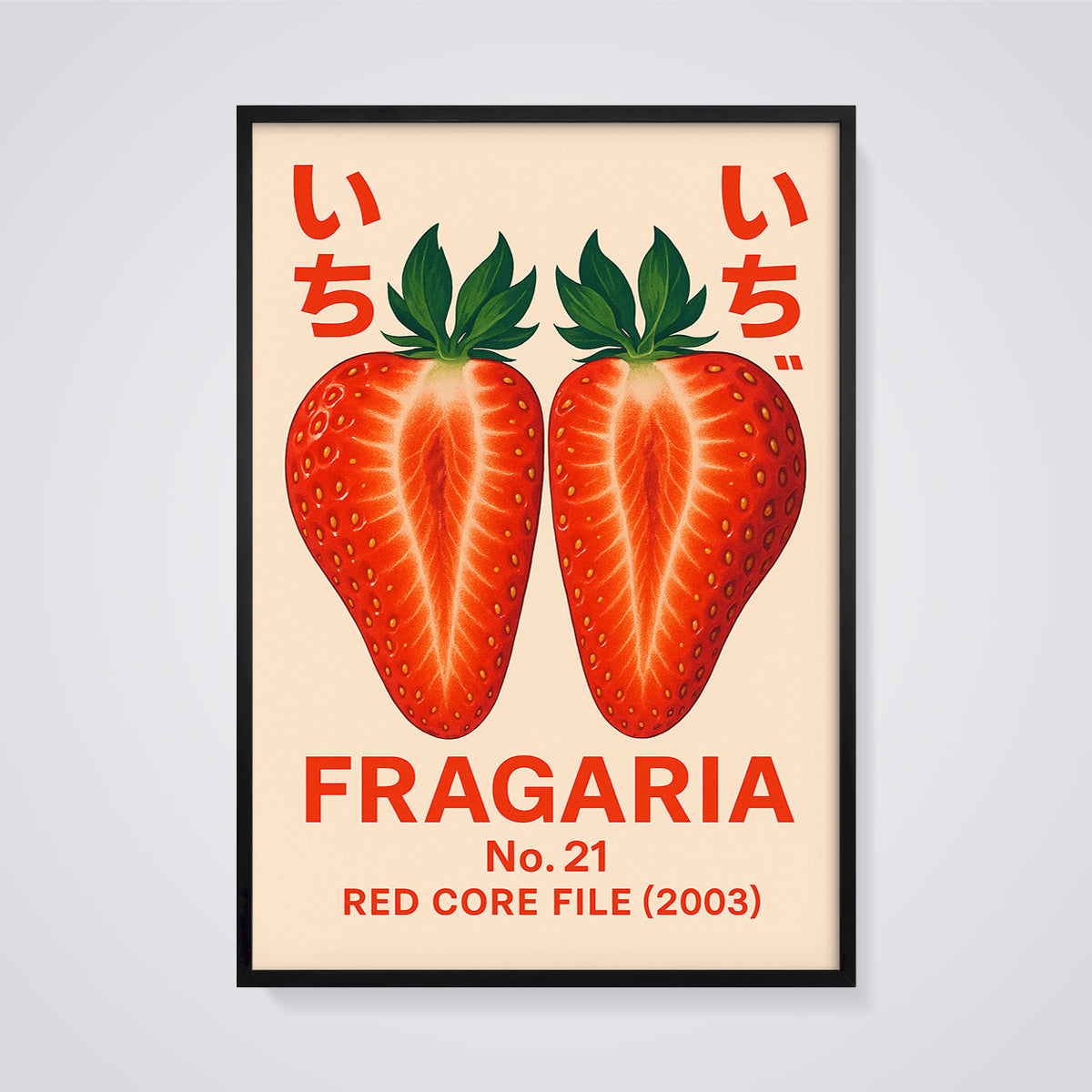 Fragaria No. 21 Red Core Print framed in black on a grey background