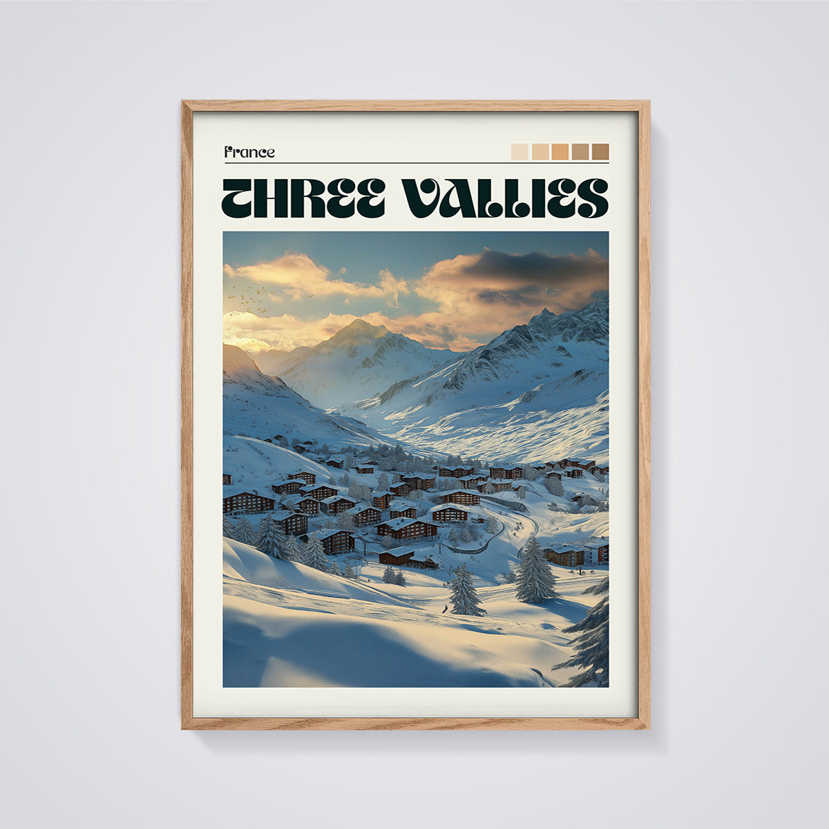 France Three Vallies Village Print framed in oak on a grey background