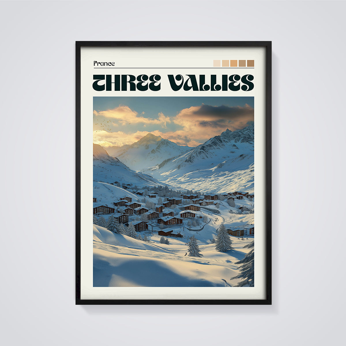 France Three Vallies Village Print framed in black on a grey background