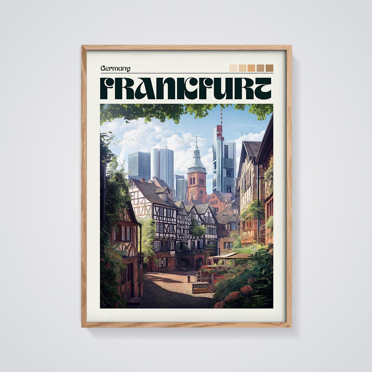 Frankfurt Germany Cityscape Print framed in oak on a grey background