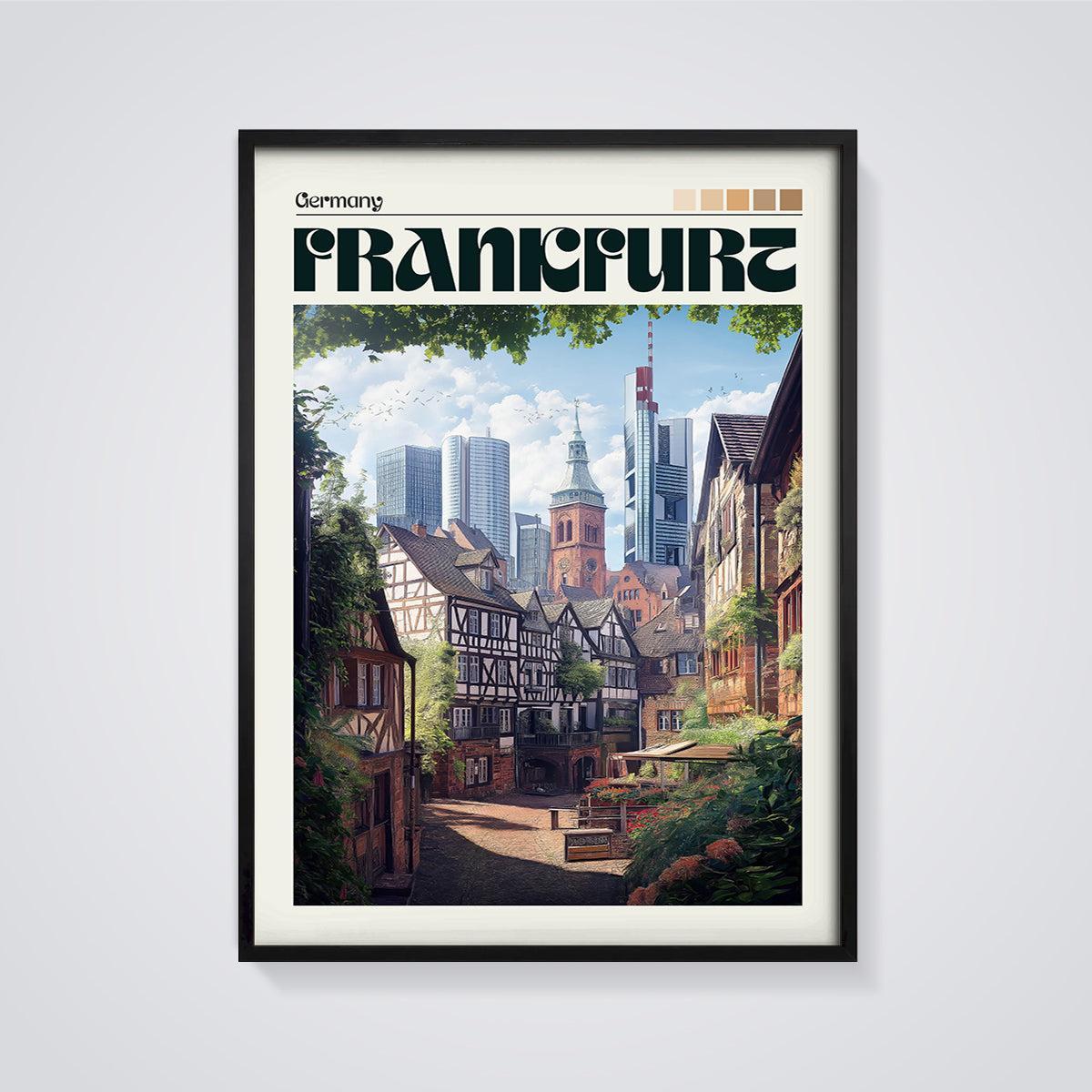 Frankfurt Germany Cityscape Print framed in black on a grey background
