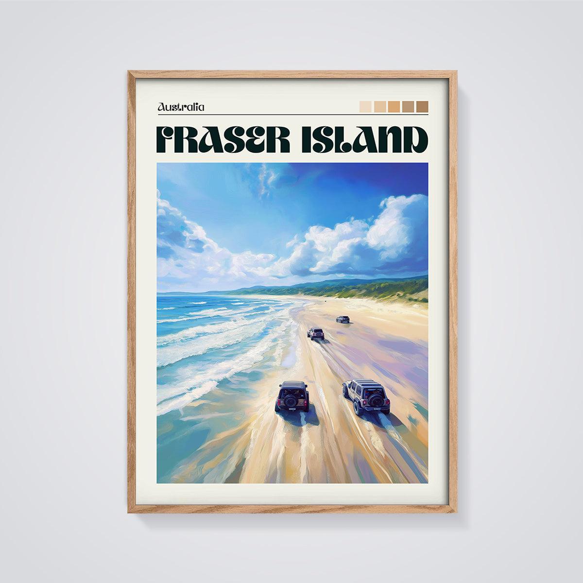 Fraser Island 4x4 Beach Print framed in oak on a grey background
