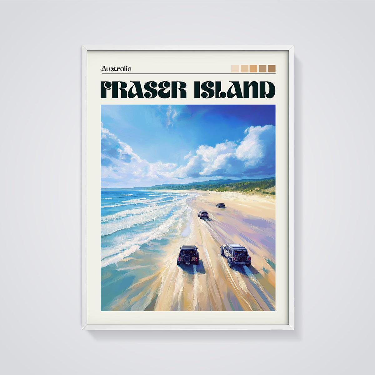 Fraser Island 4x4 Beach Print framed in white on a grey background