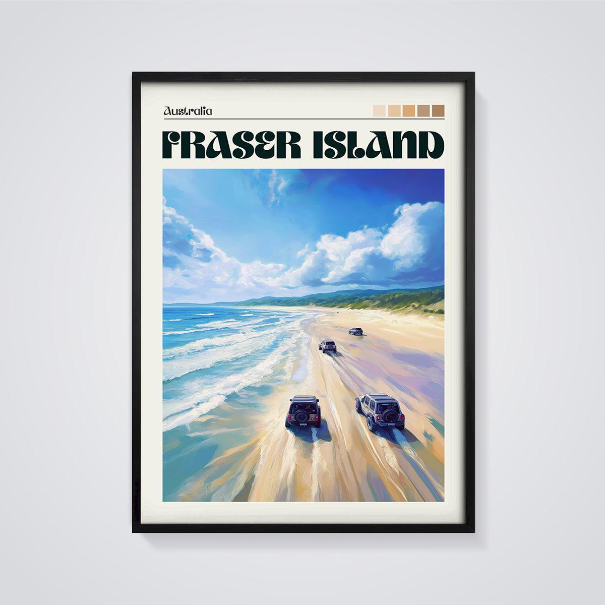 Fraser Island 4x4 Beach Print framed in black on a grey background