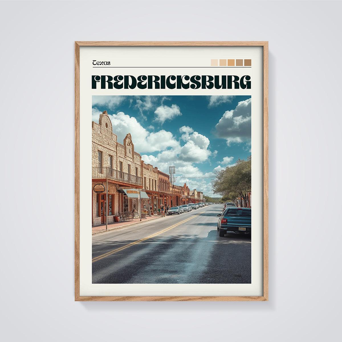 Fredericksburg Texas Main Street Print framed in oak on a grey background