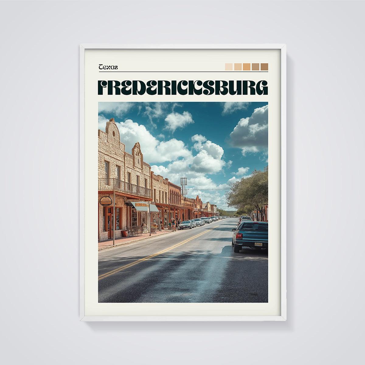 Fredericksburg Texas Main Street Print framed in white on a grey background