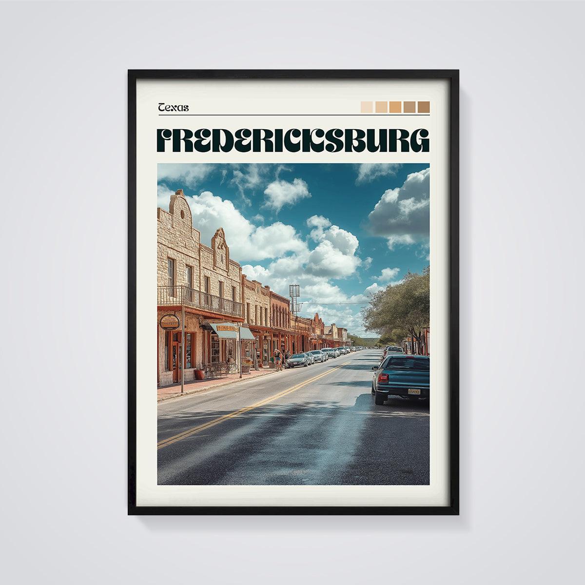 Fredericksburg Texas Main Street Print framed in black on a grey background