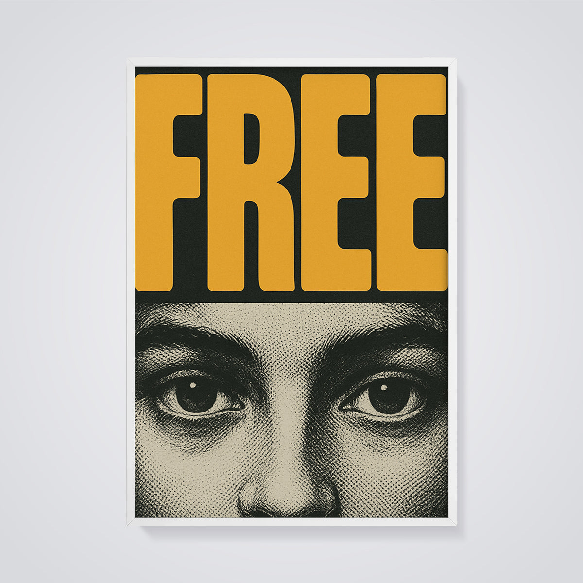Free Eyes Print framed in white on a grey background