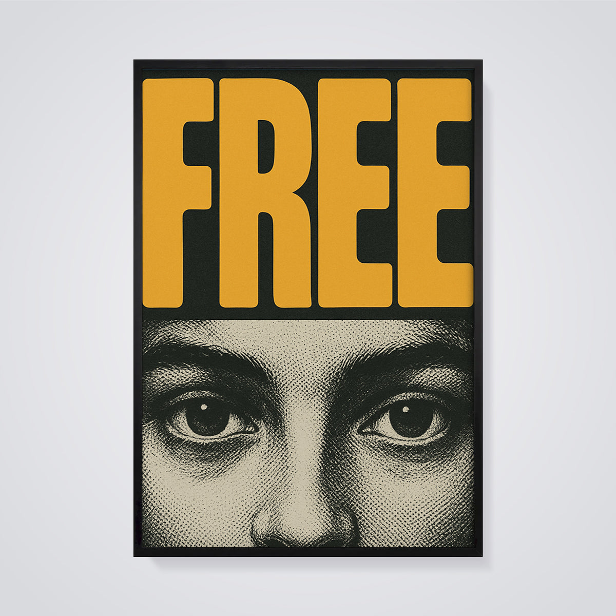 Free Eyes Print framed in black on a grey background
