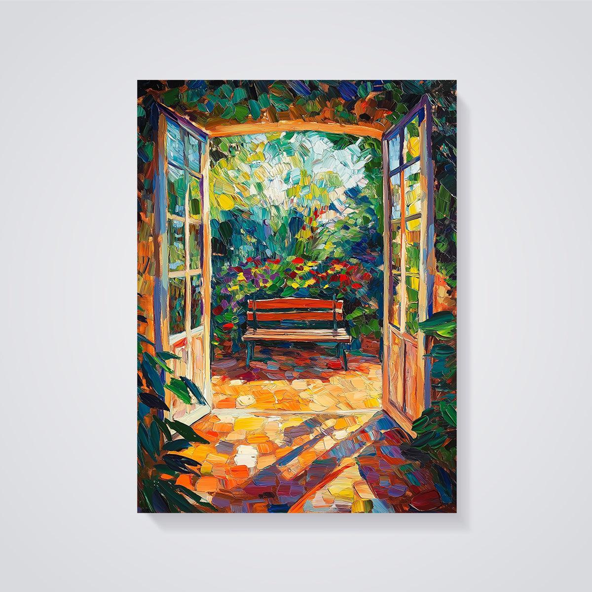 French Doors Garden View Print unframed on a grey background