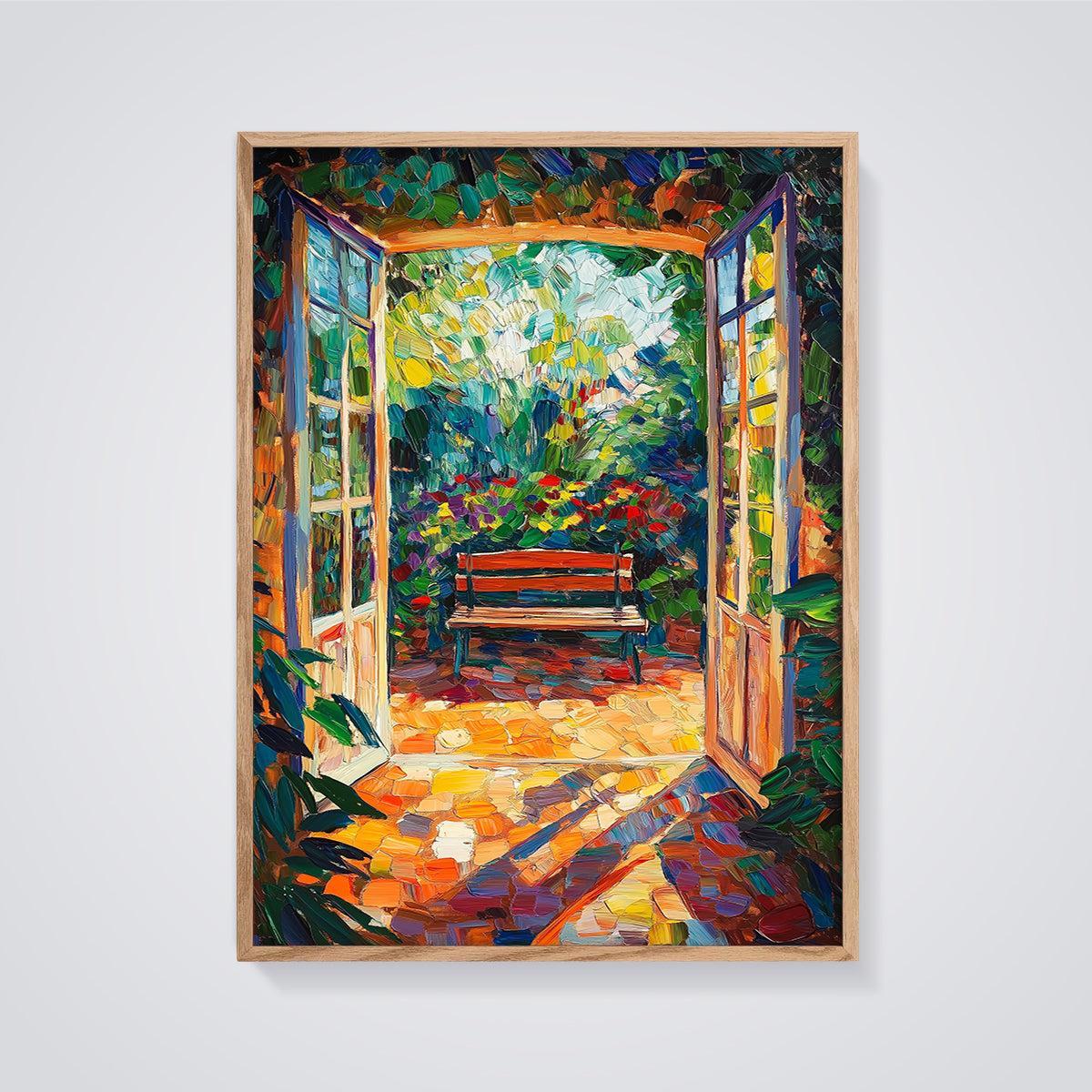 French Doors Garden View Print framed in oak on a grey background
