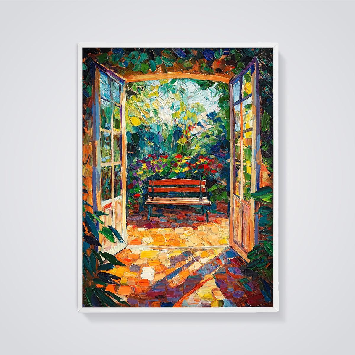 French Doors Garden View Print framed in white on a grey background