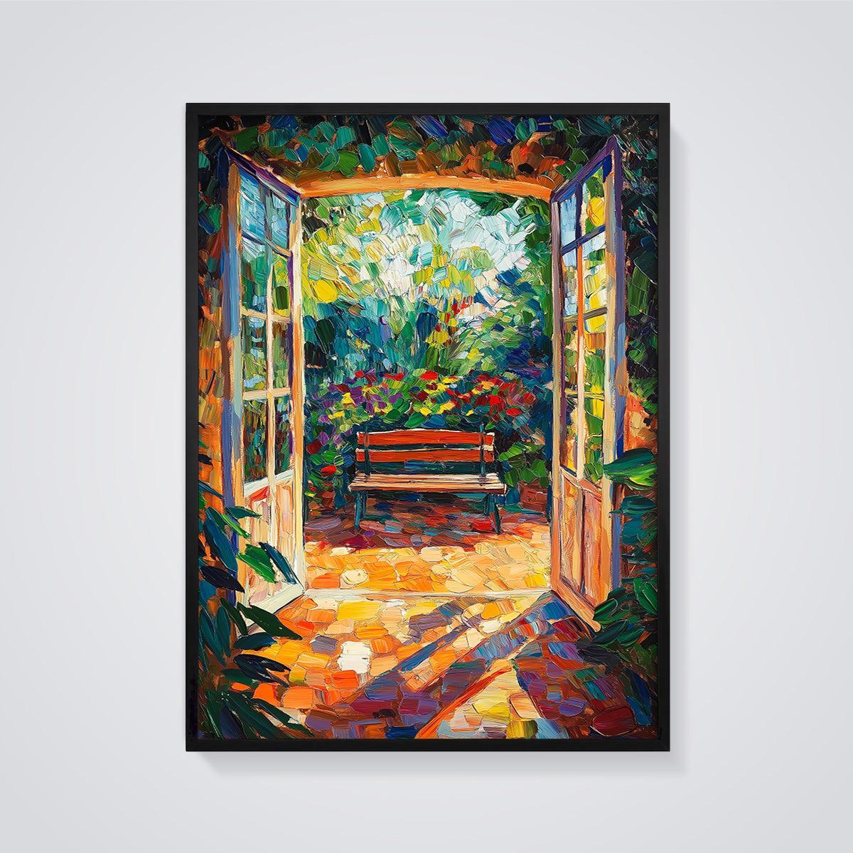 French Doors Garden View Print framed in black on a grey background