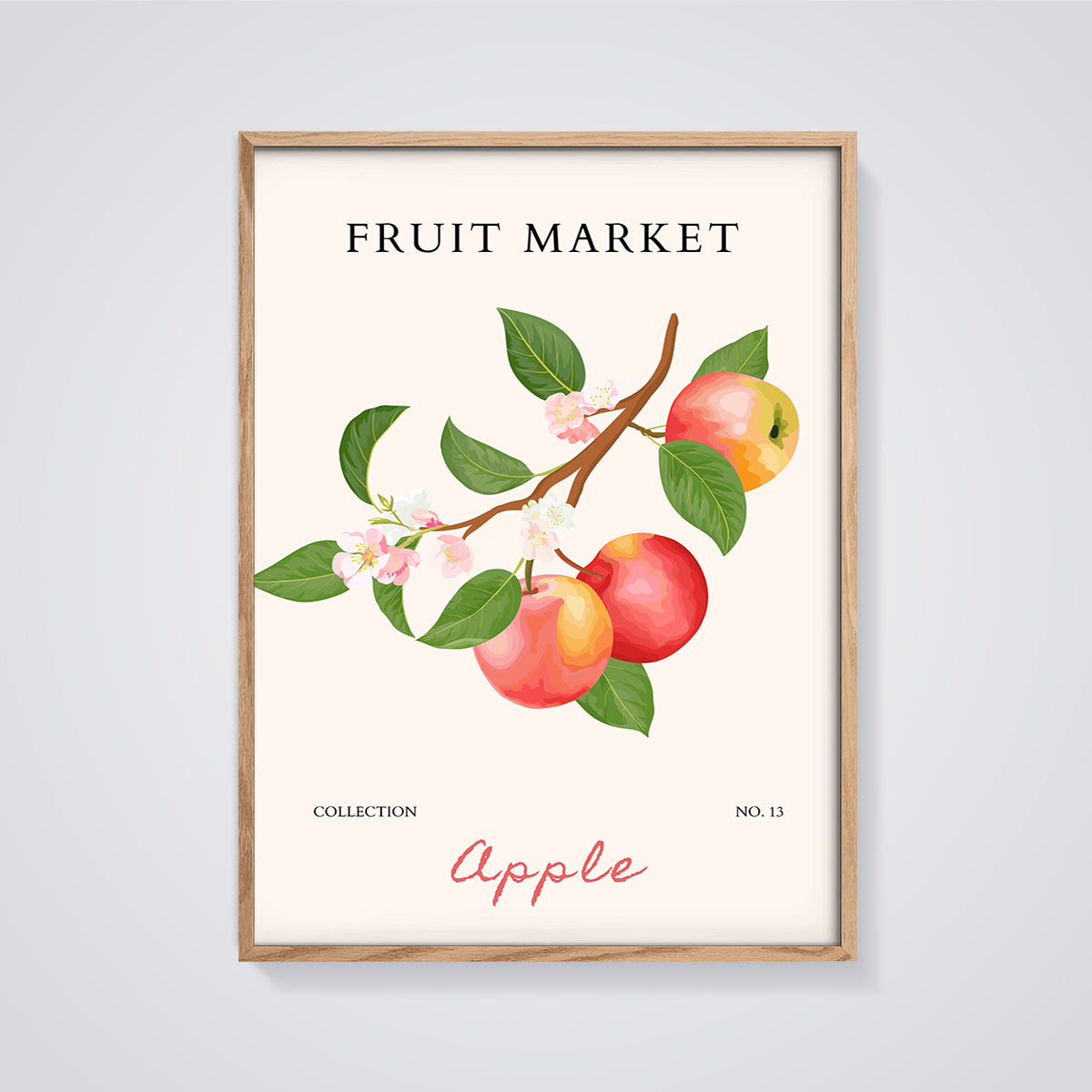 Fruit Market Apple Blossom Print framed in oak on a grey background