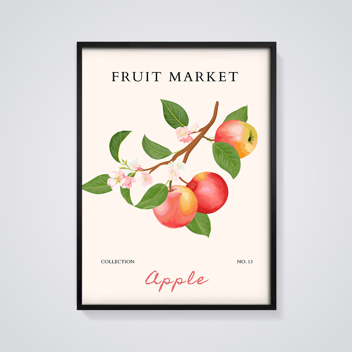 Fruit Market Apple Blossom Print framed in black on a grey background