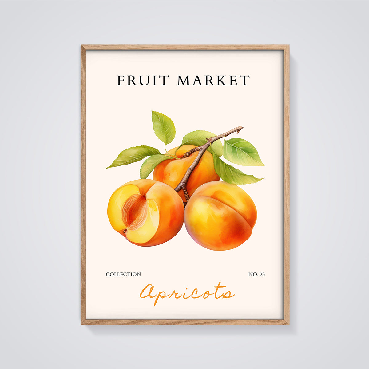 Fruit Market Apricots Print framed in oak on a grey background