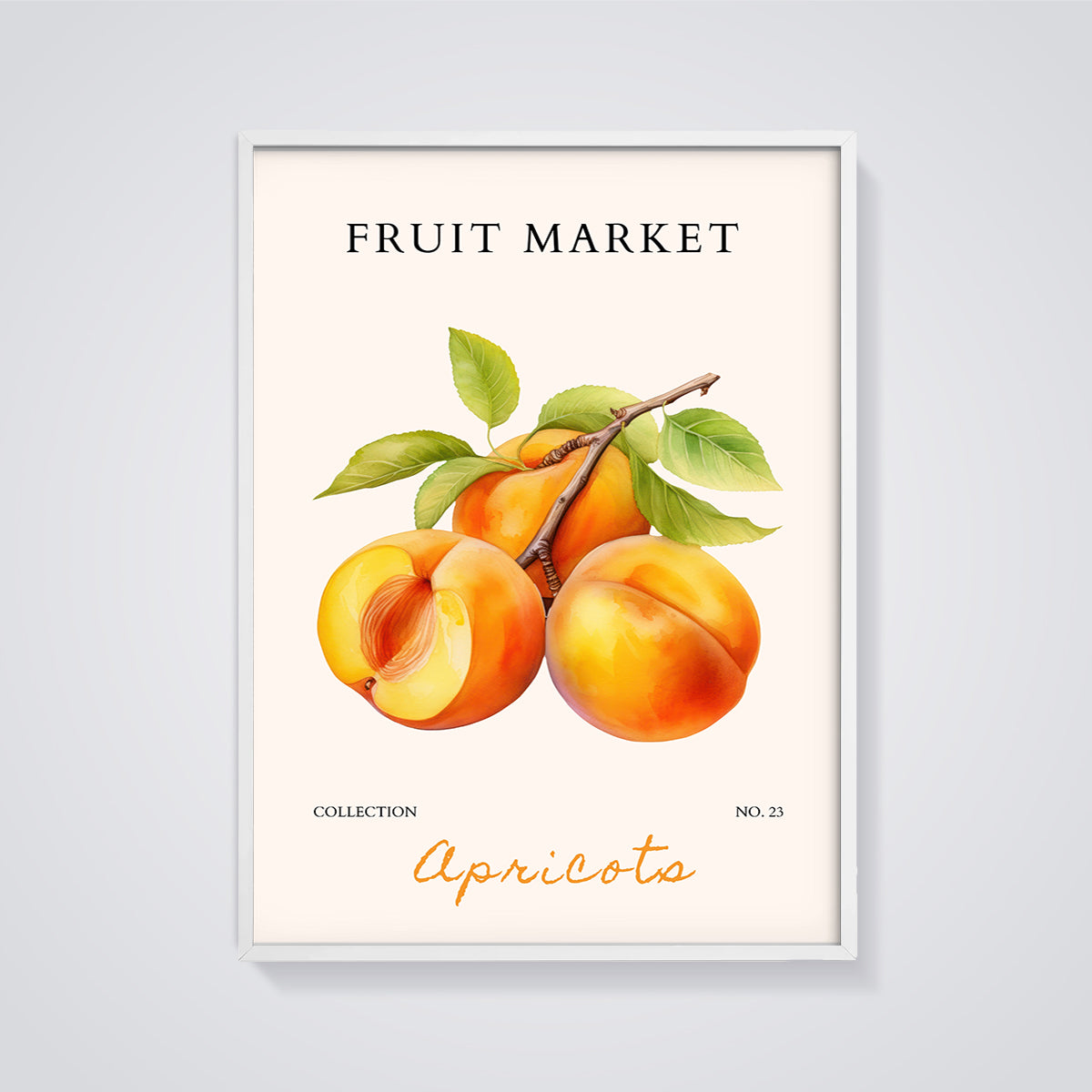 Fruit Market Apricots Print framed in white on a grey background