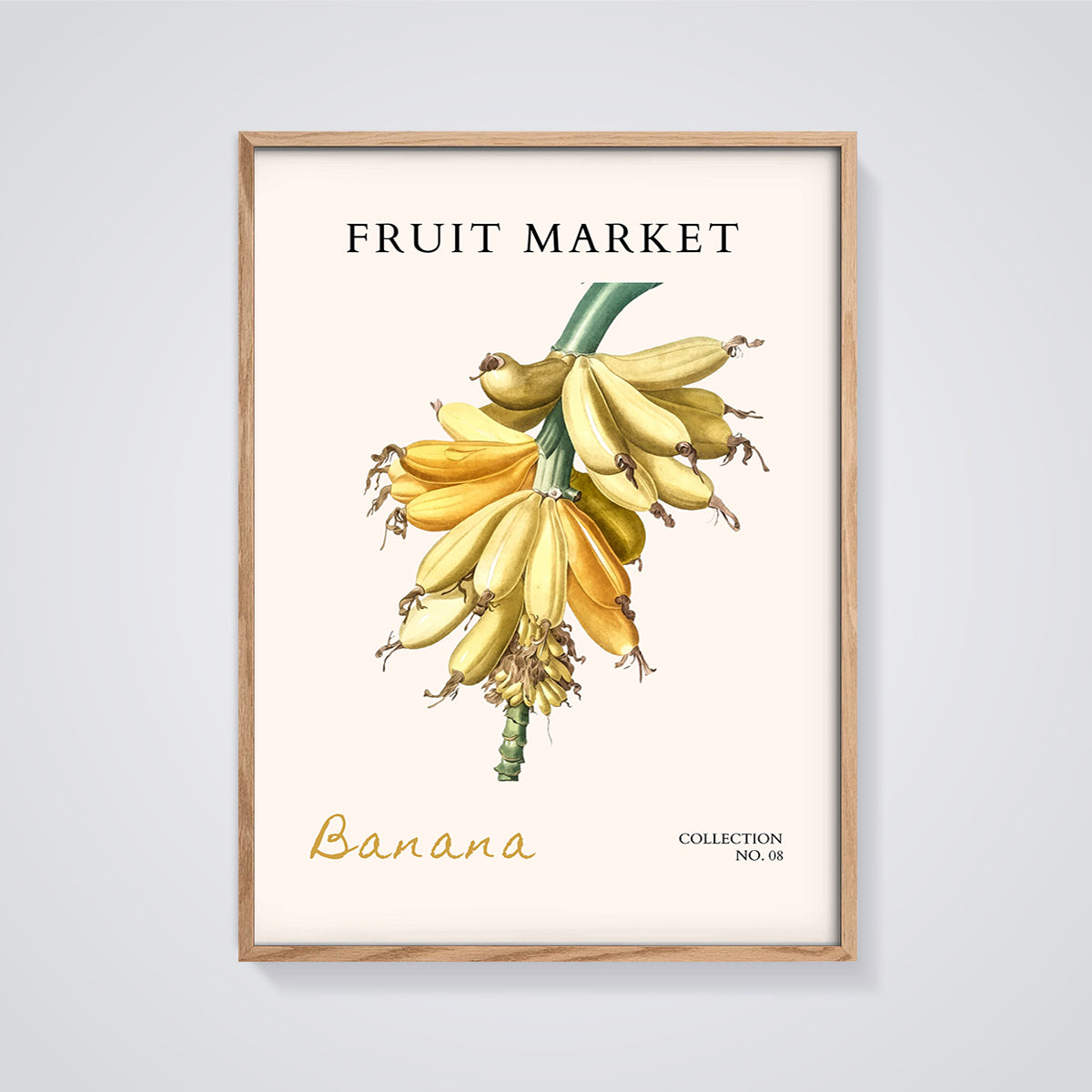 Fruit Market Banana Print framed in oak on a grey background