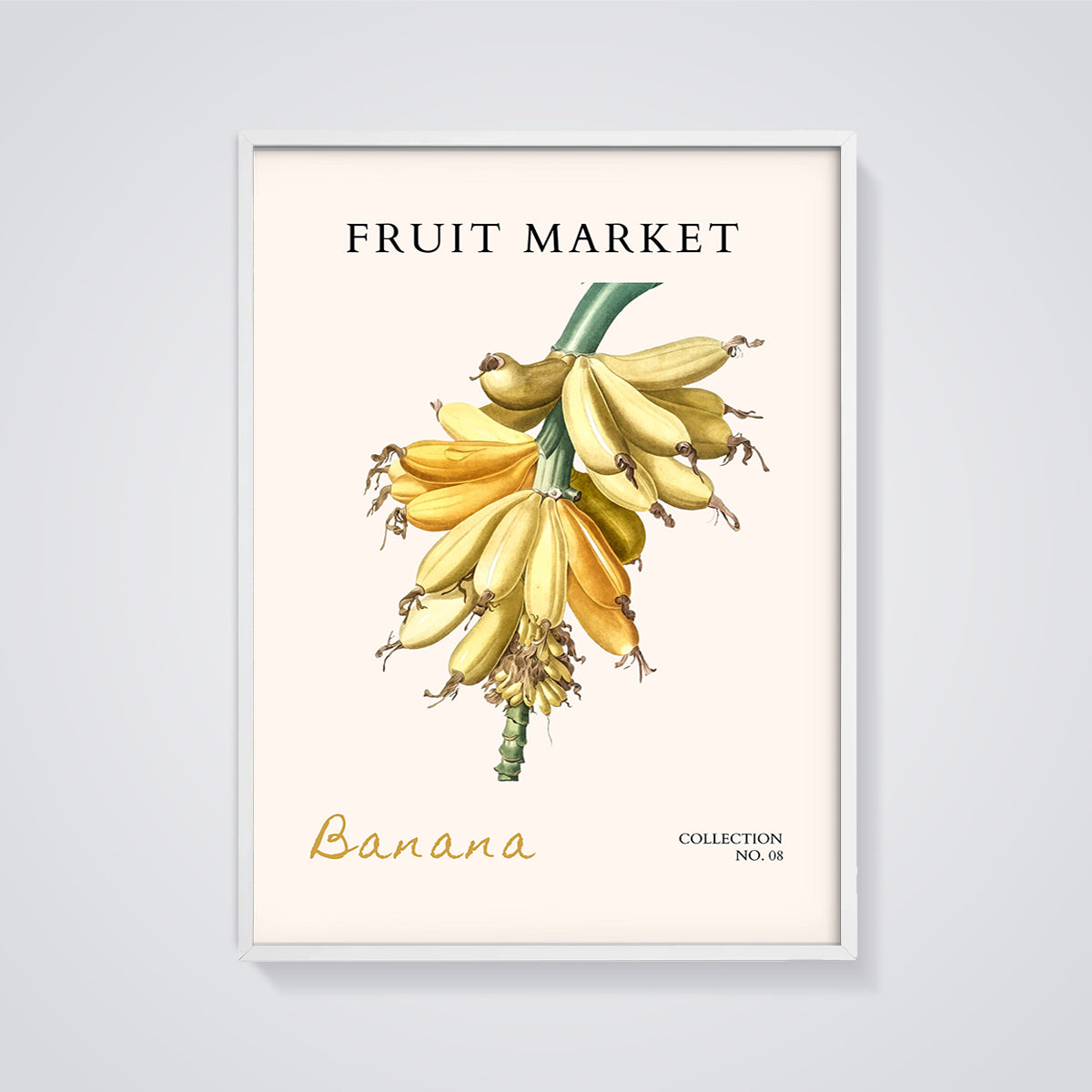 Fruit Market Banana Print framed in white on a grey background