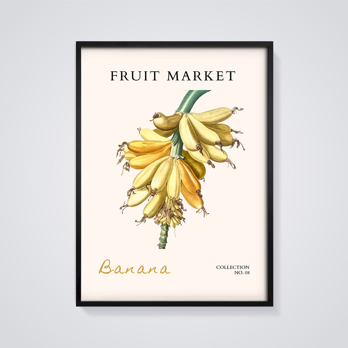 Fruit Market Banana Print framed in black on a grey background