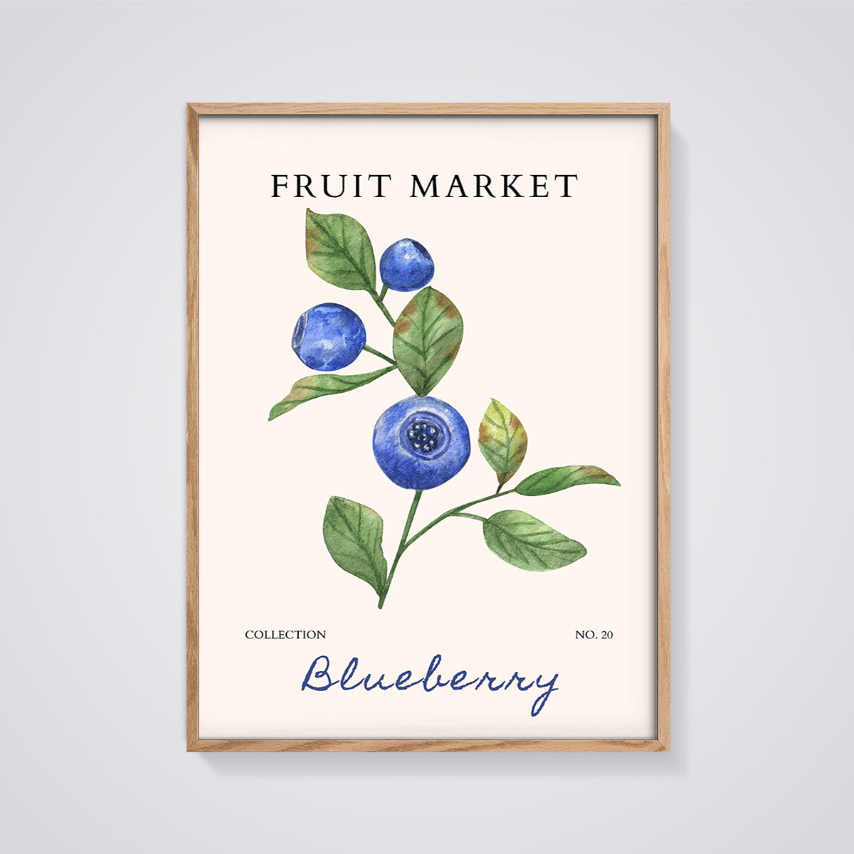 Fruit Market Blueberry Print framed in oak on a grey background