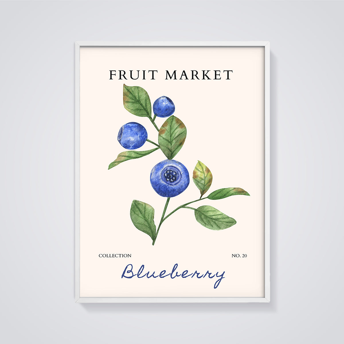 Fruit Market Blueberry Print framed in white on a grey background