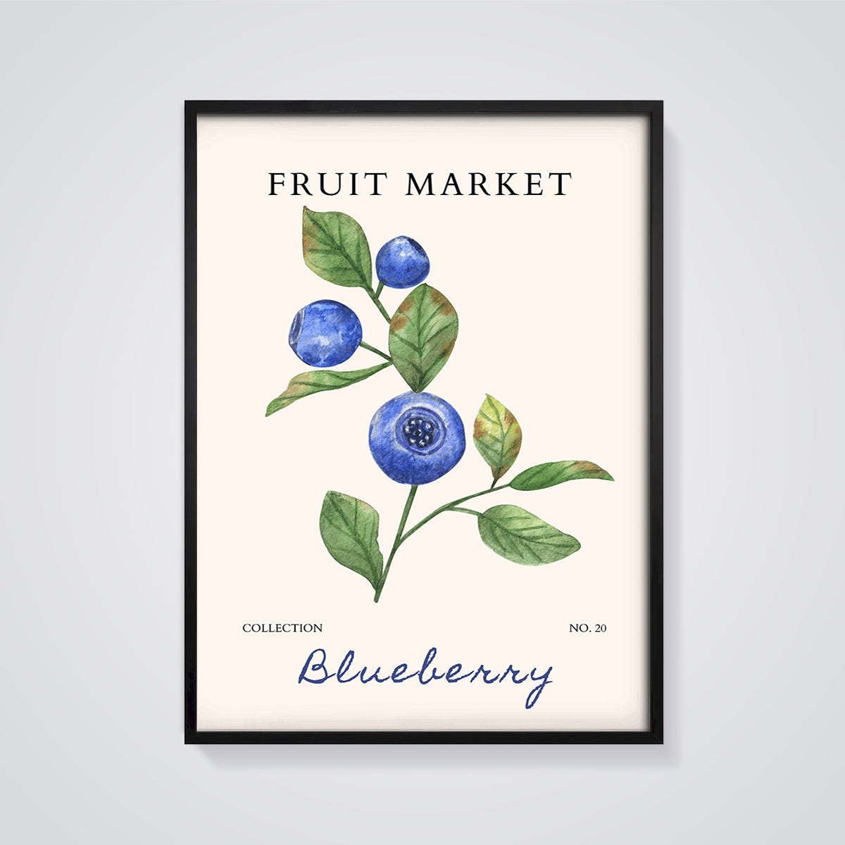 Fruit Market Blueberry Print framed in black on a grey background