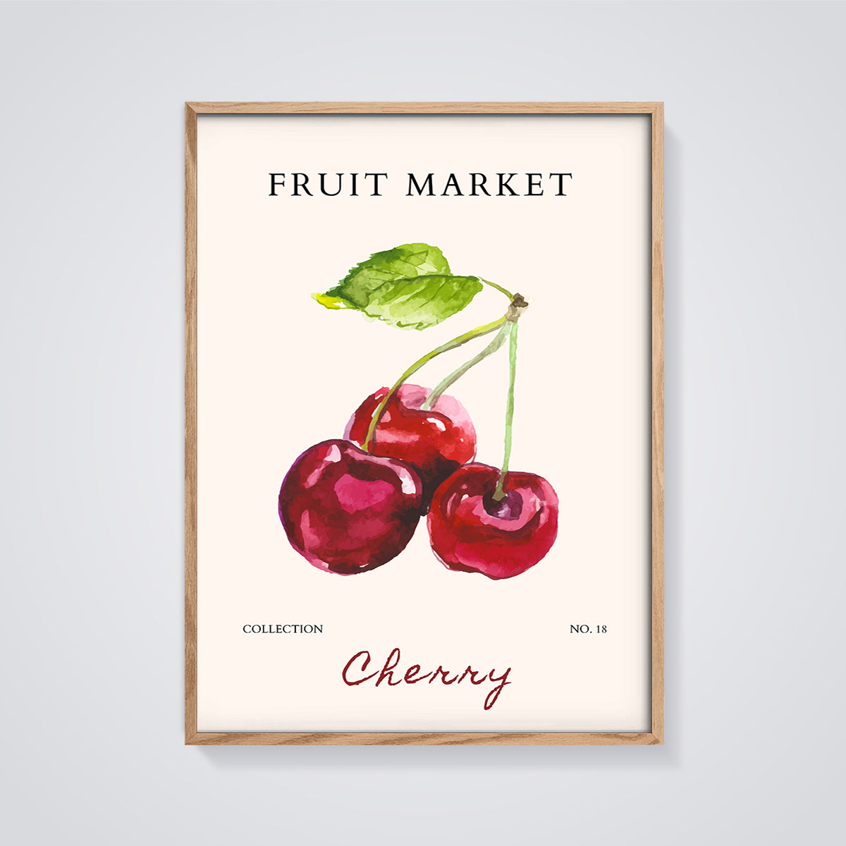 Fruit Market Cherry Print framed in oak on a grey background