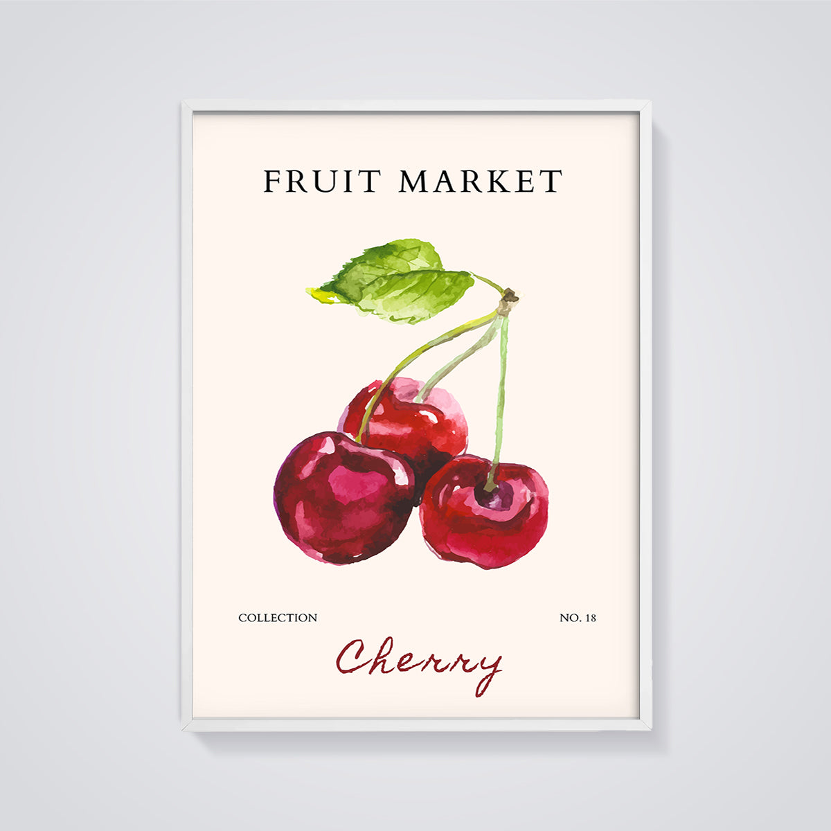 Fruit Market Cherry Print framed in white on a grey background
