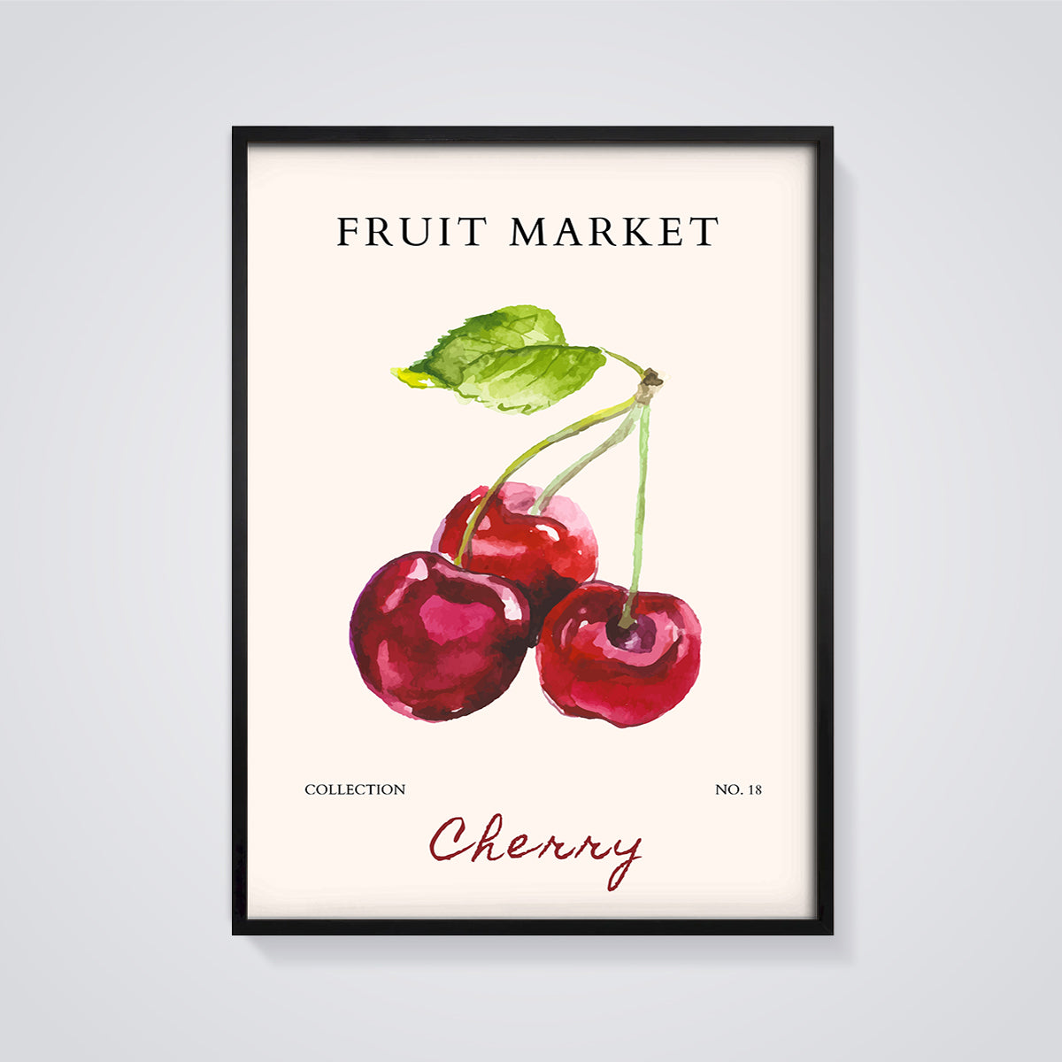 Fruit Market Cherry Print framed in black on a grey background