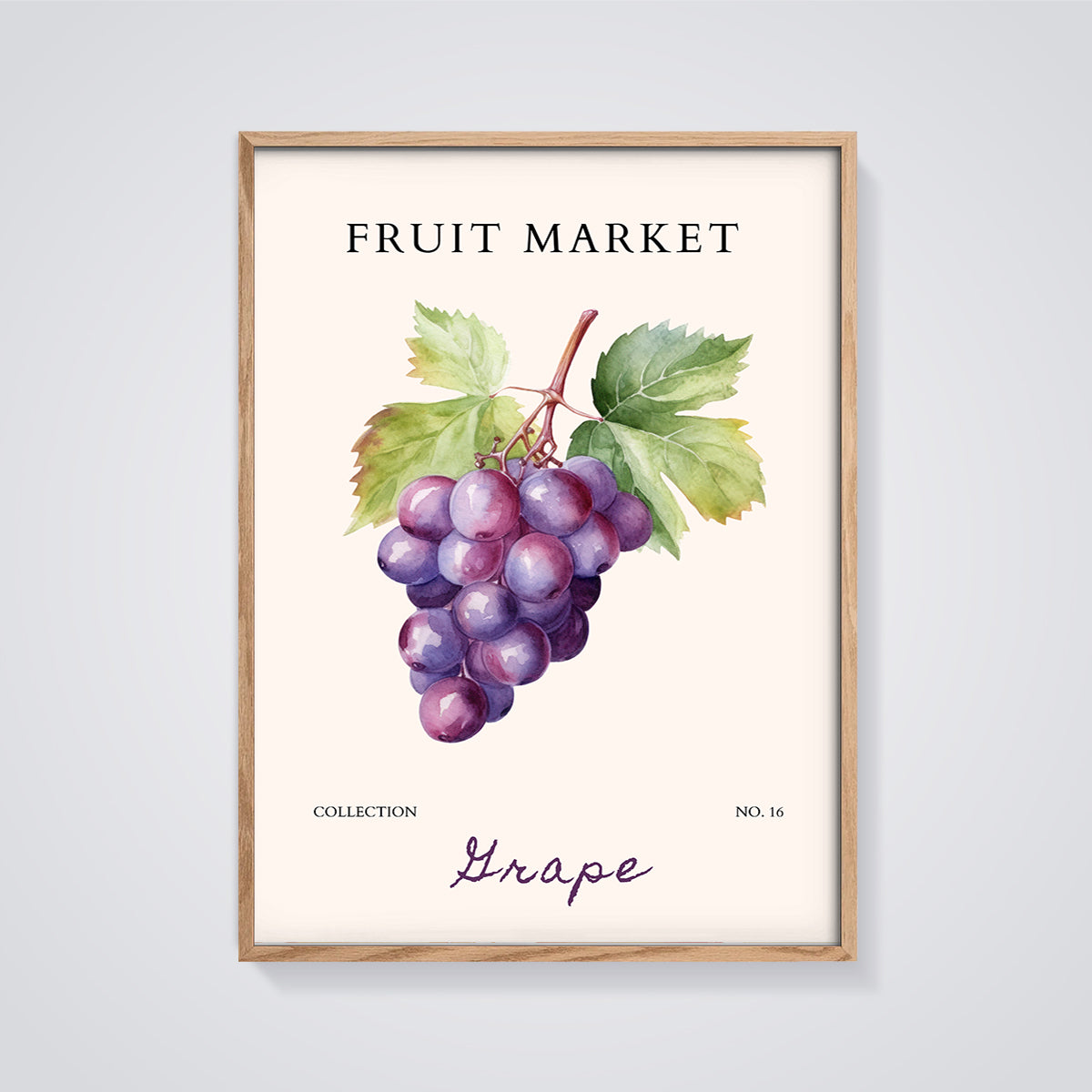 Fruit Market Grape Print framed in oak on a grey background