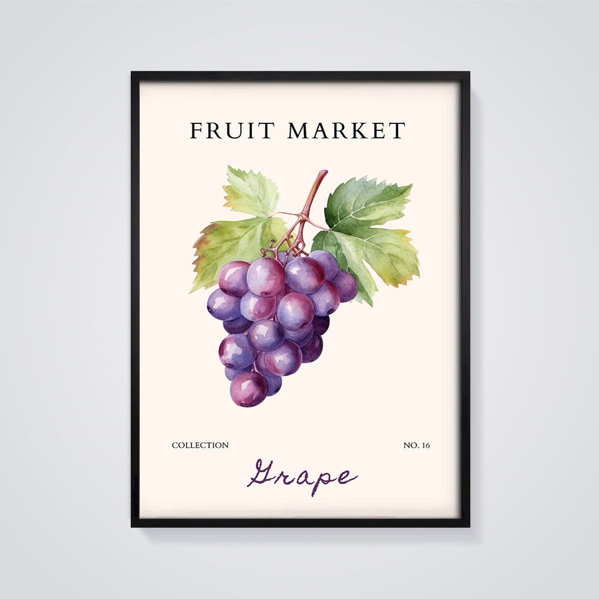 Fruit Market Grape Print framed in black on a grey background