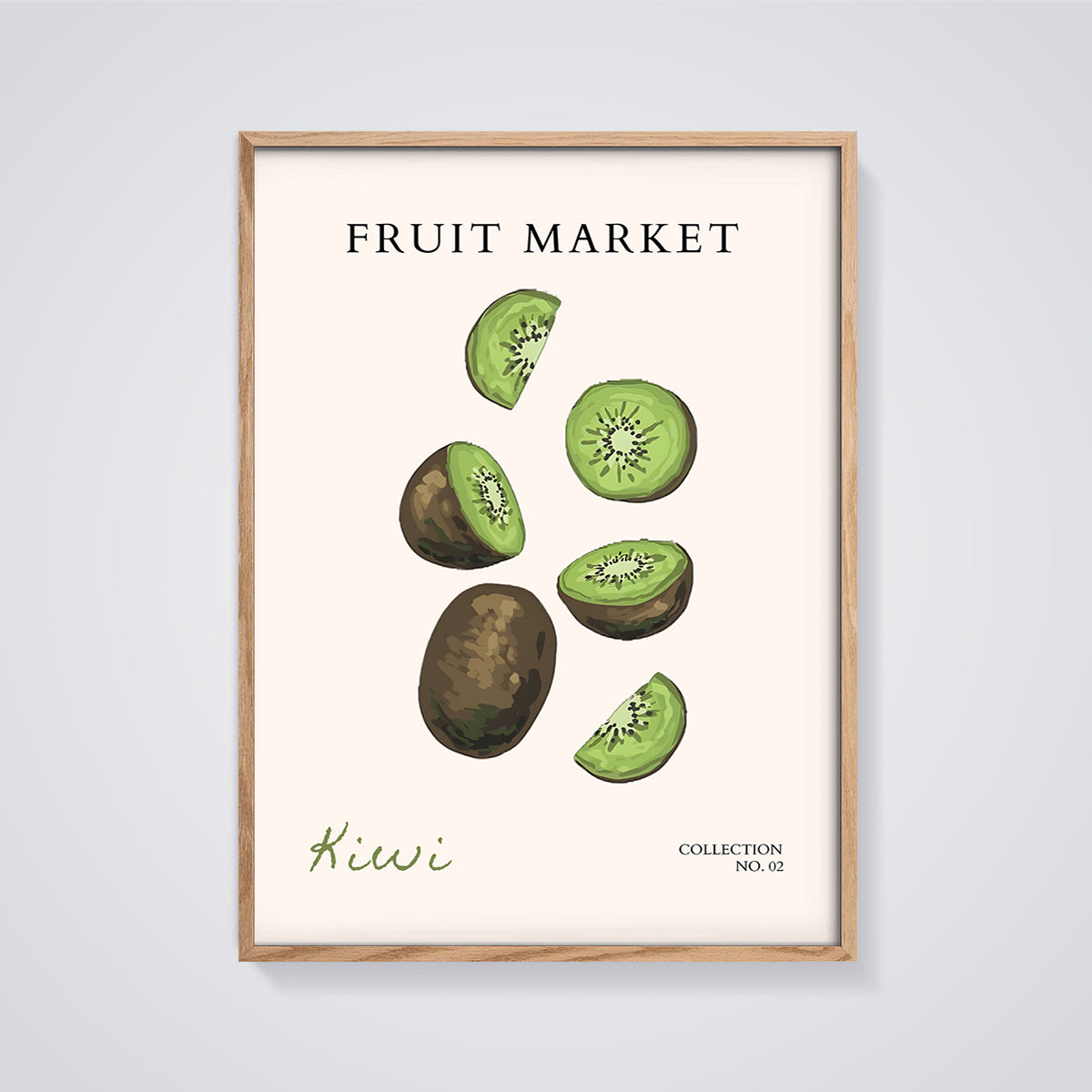 Fruit Market Kiwi Print framed in oak on a grey background