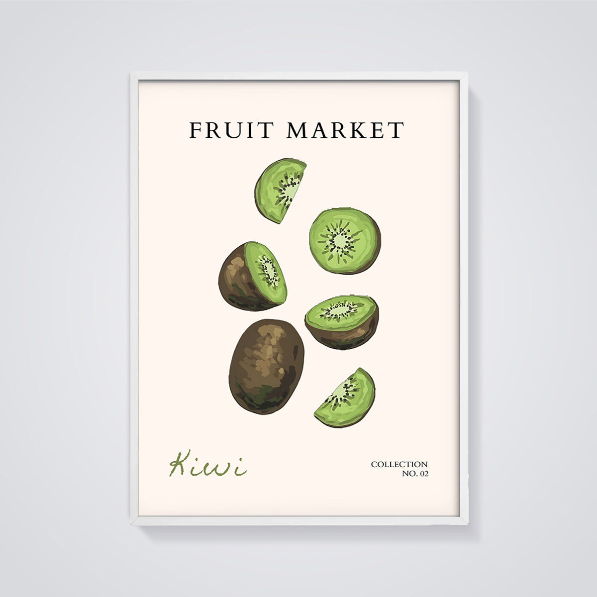 Fruit Market Kiwi Print framed in white on a grey background