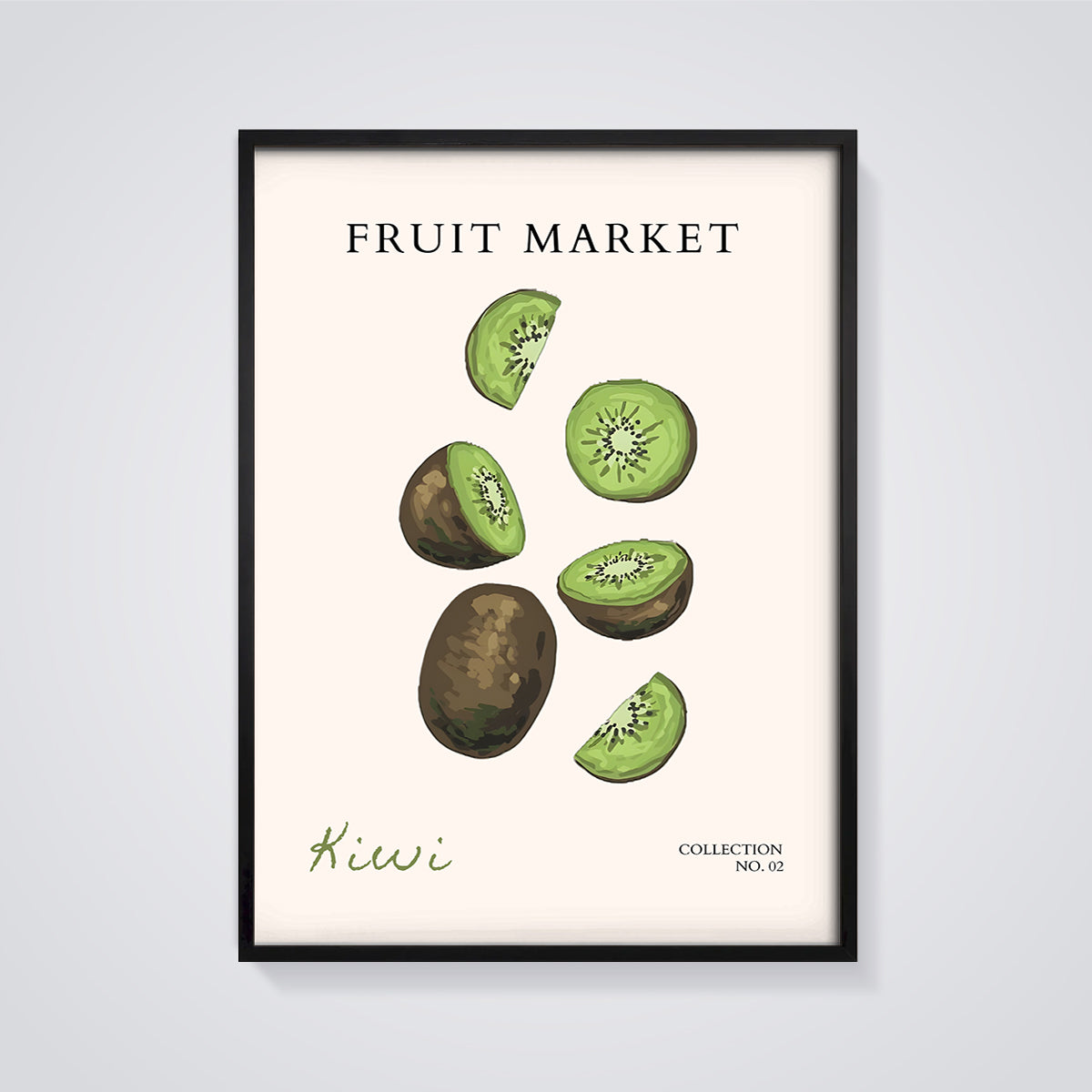 Fruit Market Kiwi Print framed in black on a grey background
