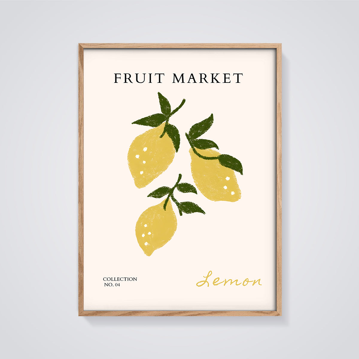 Fruit Market Lemon Print framed in oak on a grey background